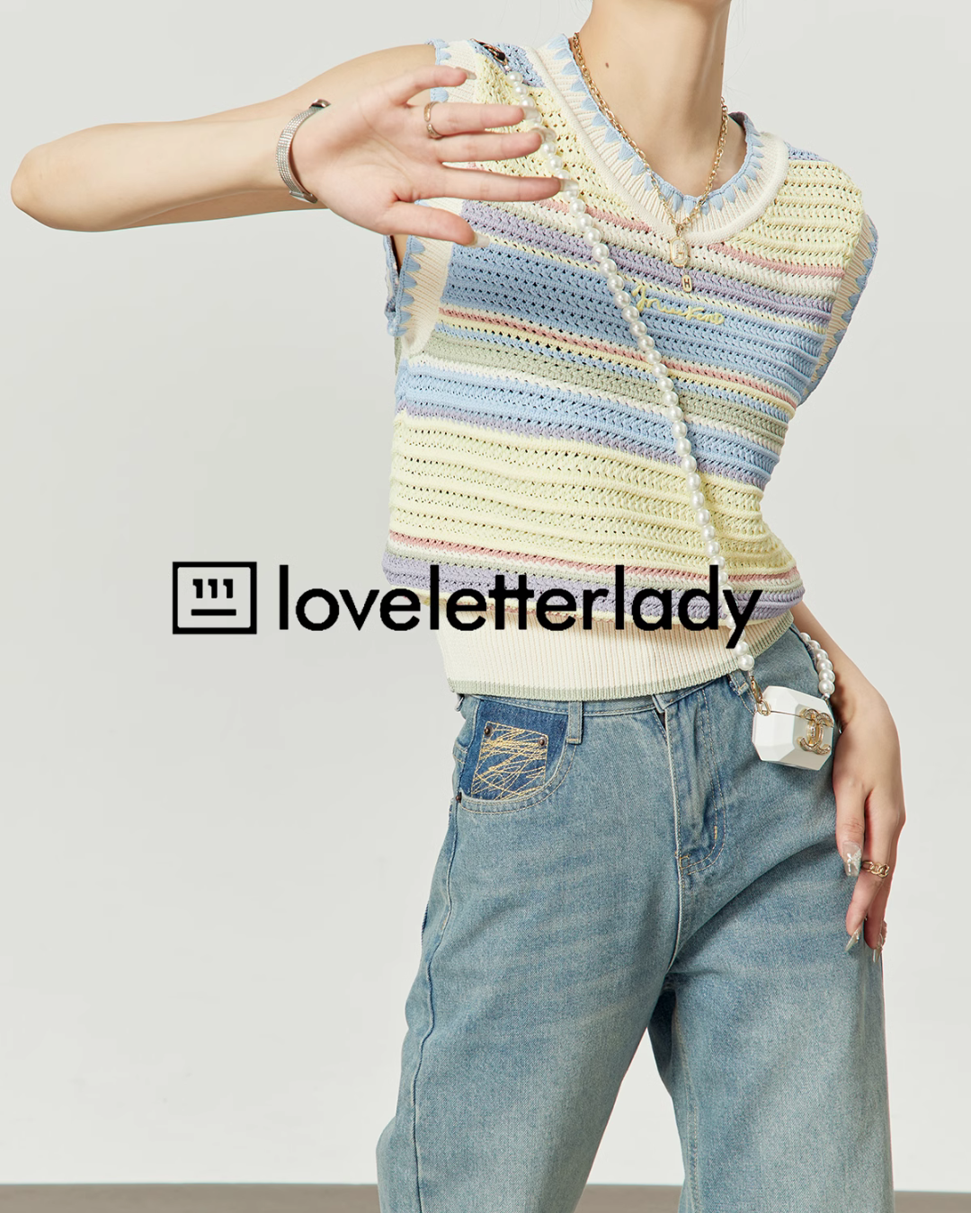 Pastel Summer Knit Vest / Wide Denim Pants LLA0186