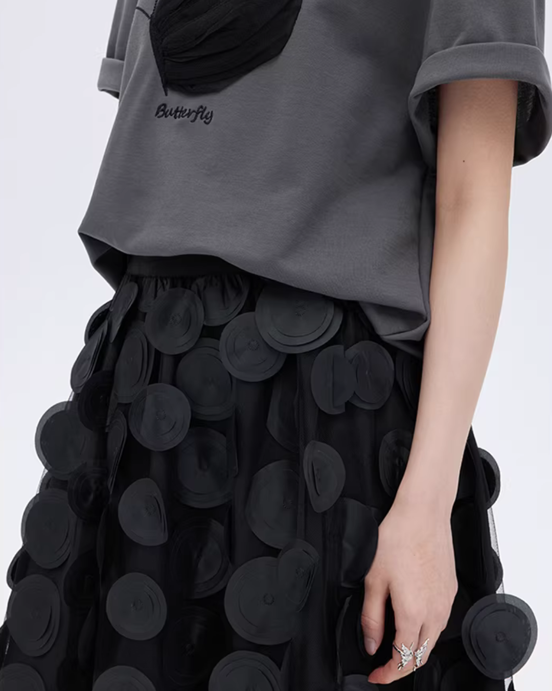 Patch Embroidered Flared Mesh Skirt SHN0003