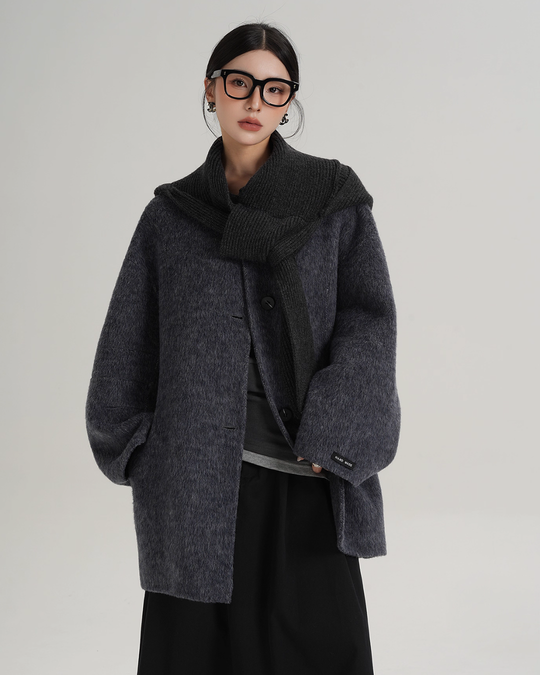 Hood Scarf Mid Length Wool Coat SRS0358