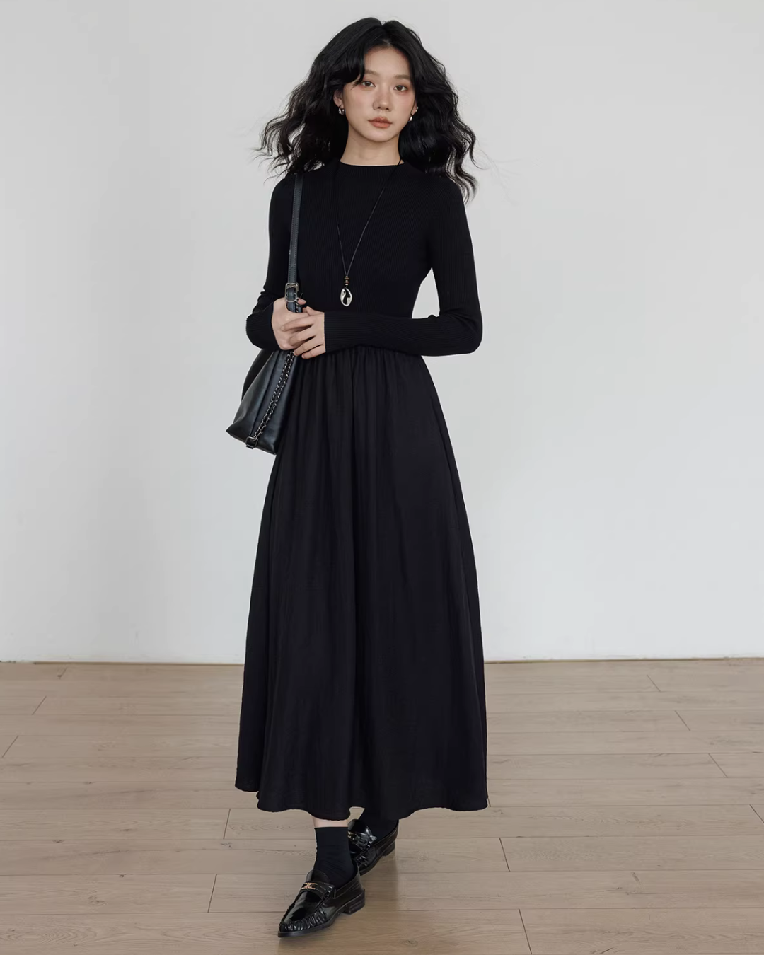 Mock Neck Top Docking Flare Skirt VAS0183