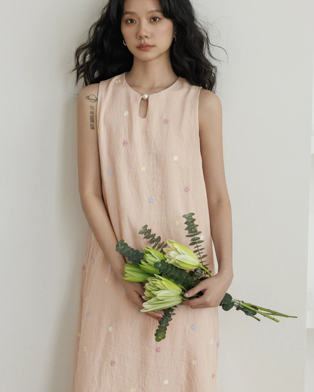 Flower Embroidery Pearl Button Long Dress VAS0203