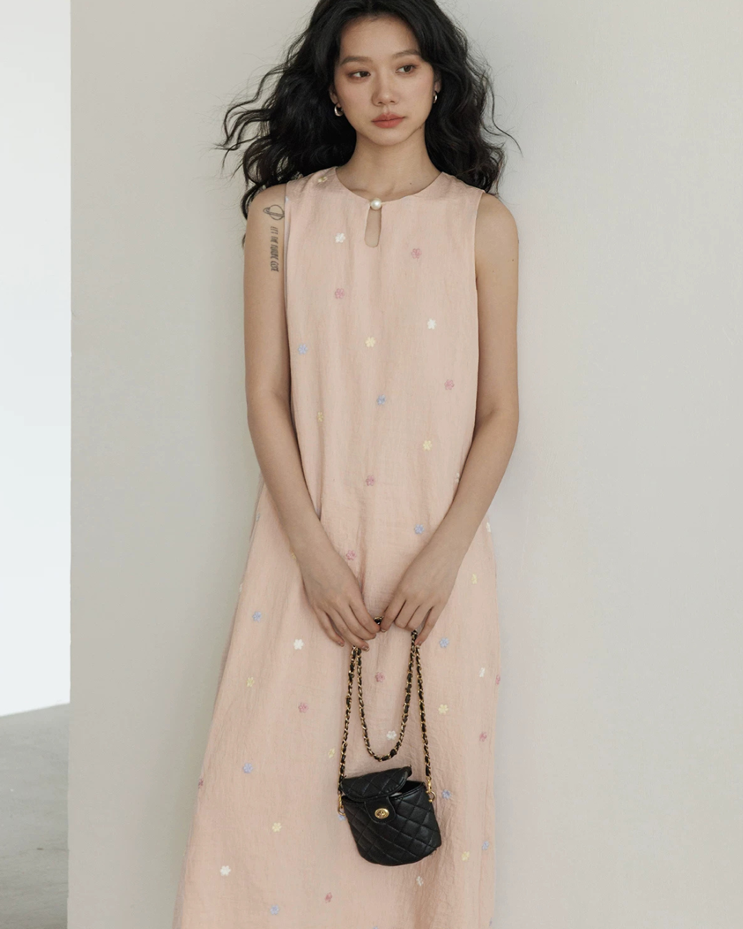 Flower Embroidery Pearl Button Long Dress VAS0203