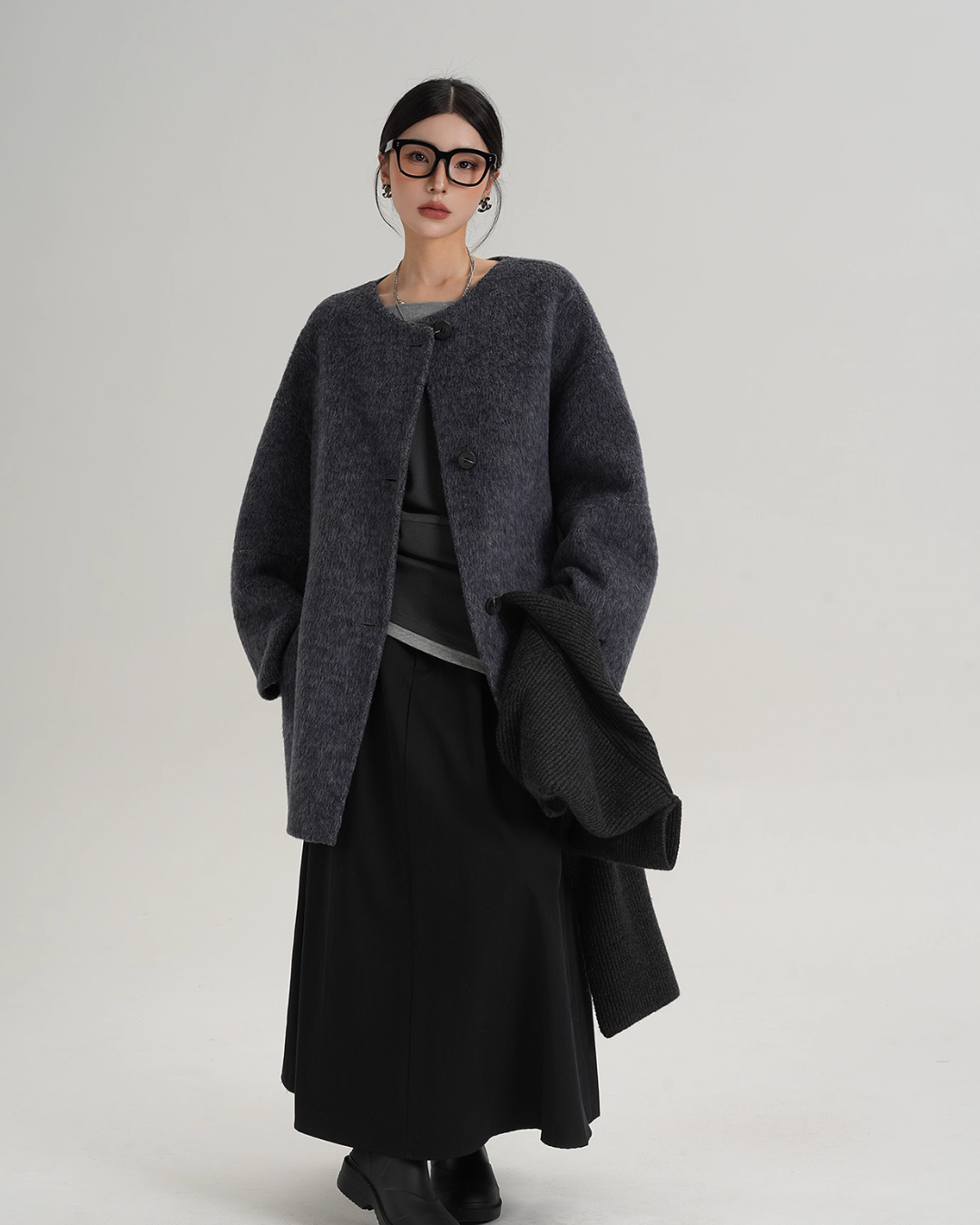 Hood Scarf Mid Length Wool Coat SRS0358