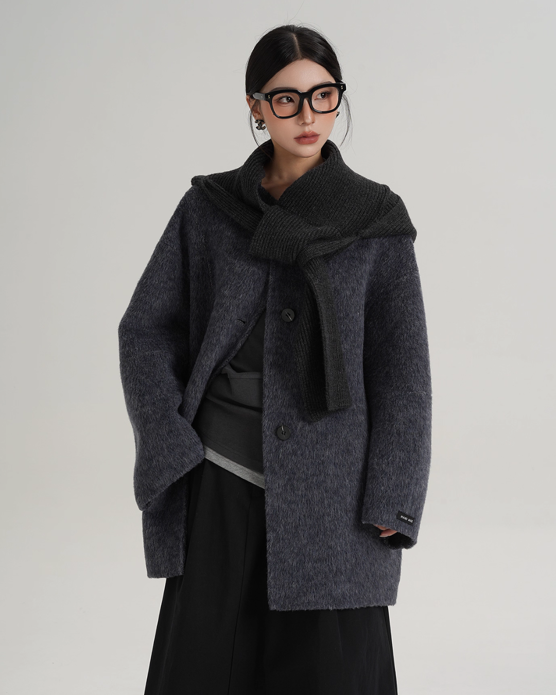 Hood Scarf Mid Length Wool Coat SRS0358