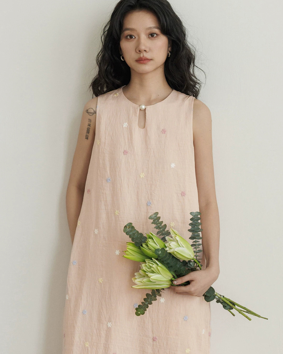 Flower Embroidery Pearl Button Long Dress VAS0203