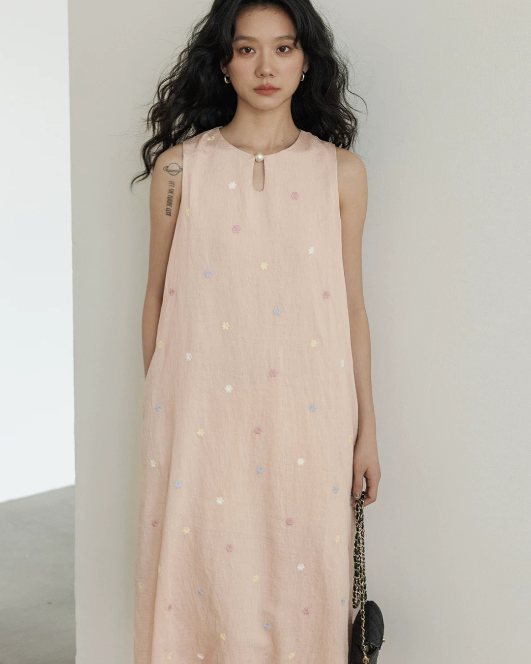 Flower Embroidery Pearl Button Long Dress VAS0203