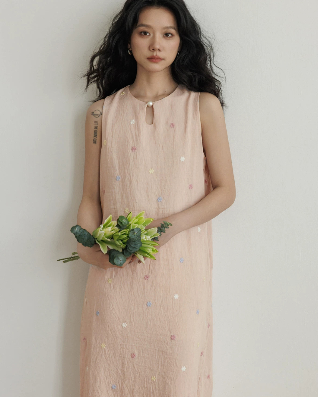 Flower Embroidery Pearl Button Long Dress VAS0203
