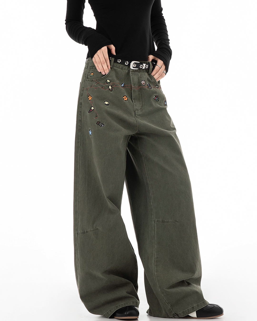 Floral Embroidery Wide Denim Pants ICM0116