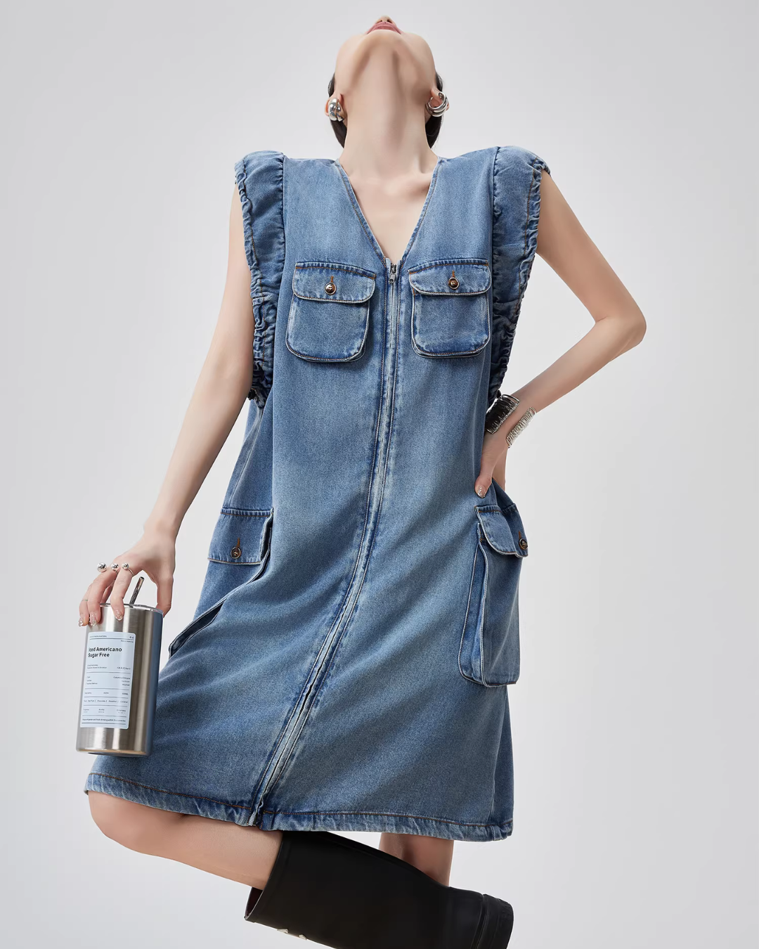 V-Neck Sleeveless Denim Dress FER0115