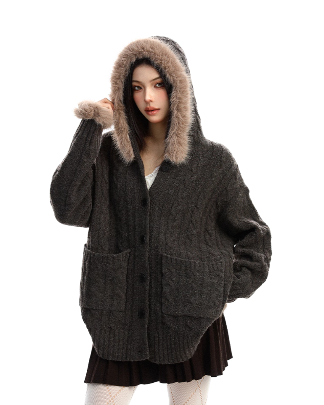 Fur Hood Loose Knit Cardigan BGS0028
