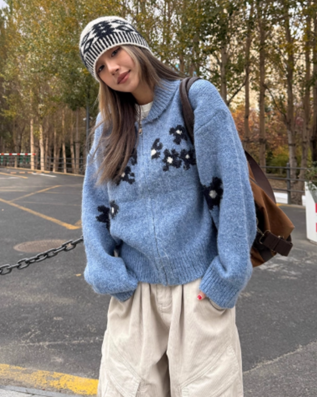 Flower Motif Knit Zip Jacket CYE0016