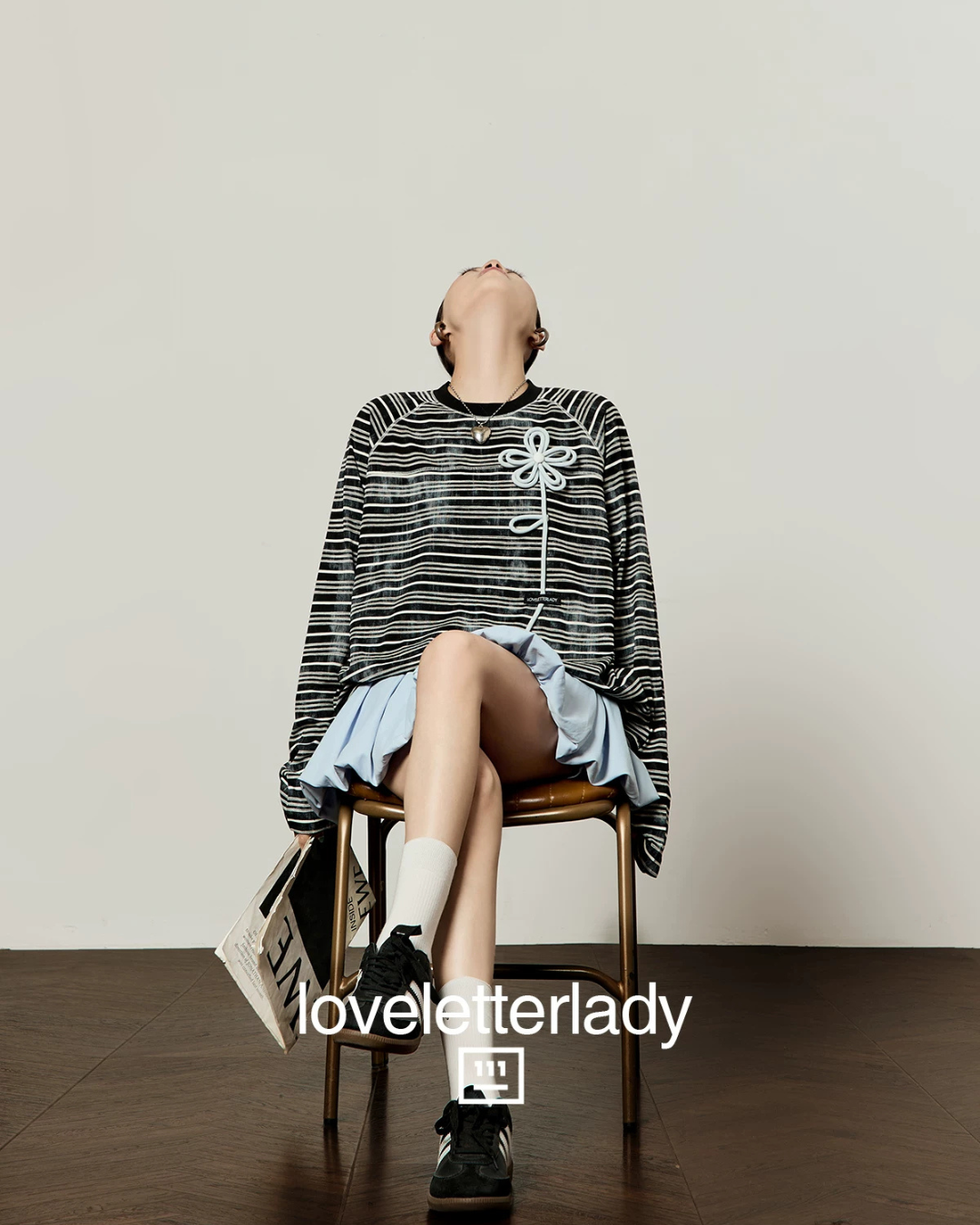Black Striped 3D Blue Flower T-Shirt / Balloon Mini Skirt LLA0660