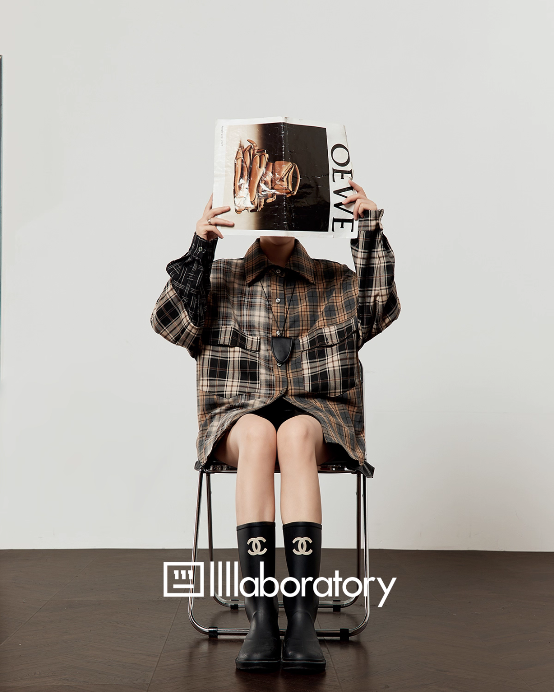 Brown Plaid Shirt  / Leather Mini Skirt LLA0519