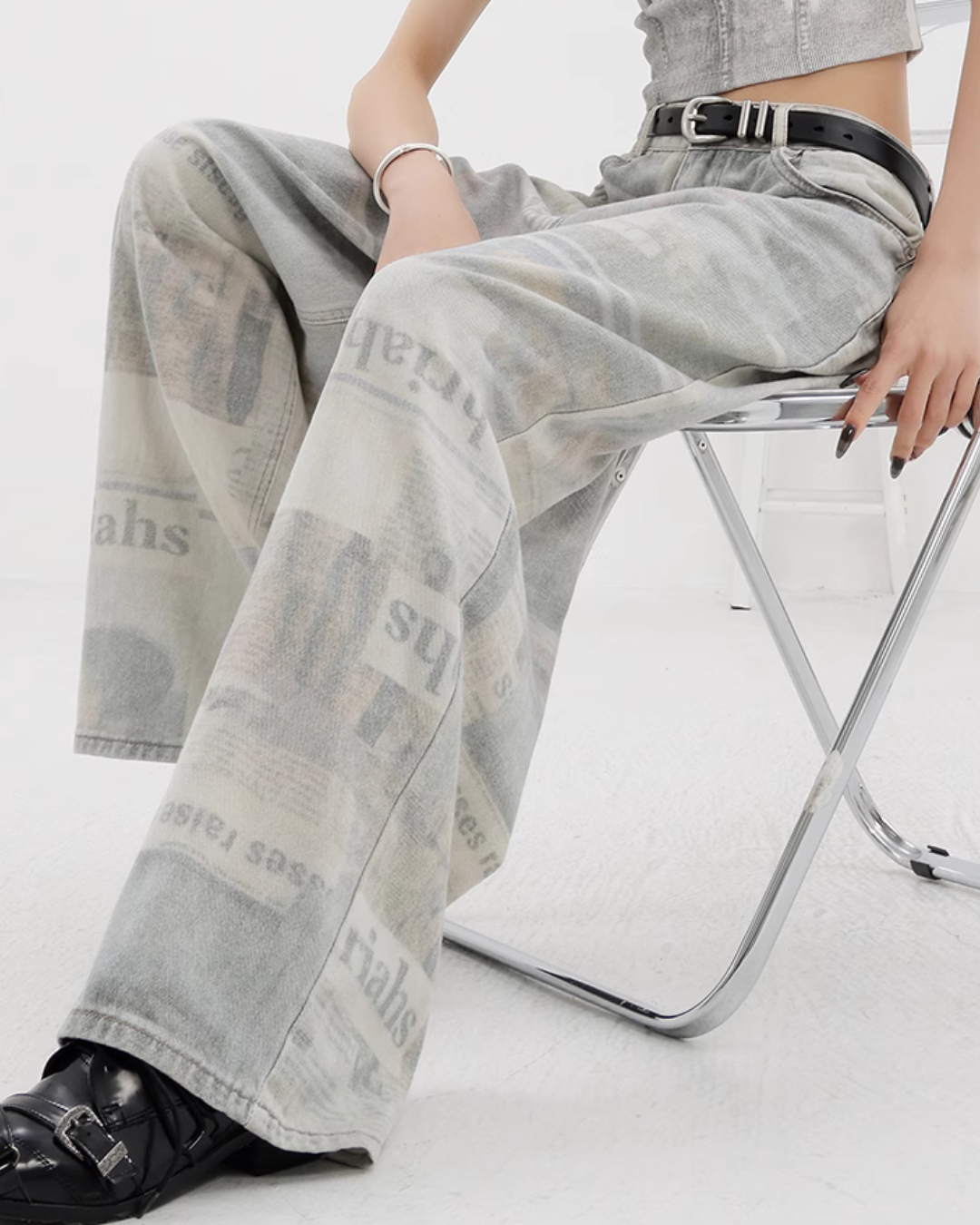 News Paper Print Wide Pants KNH0005