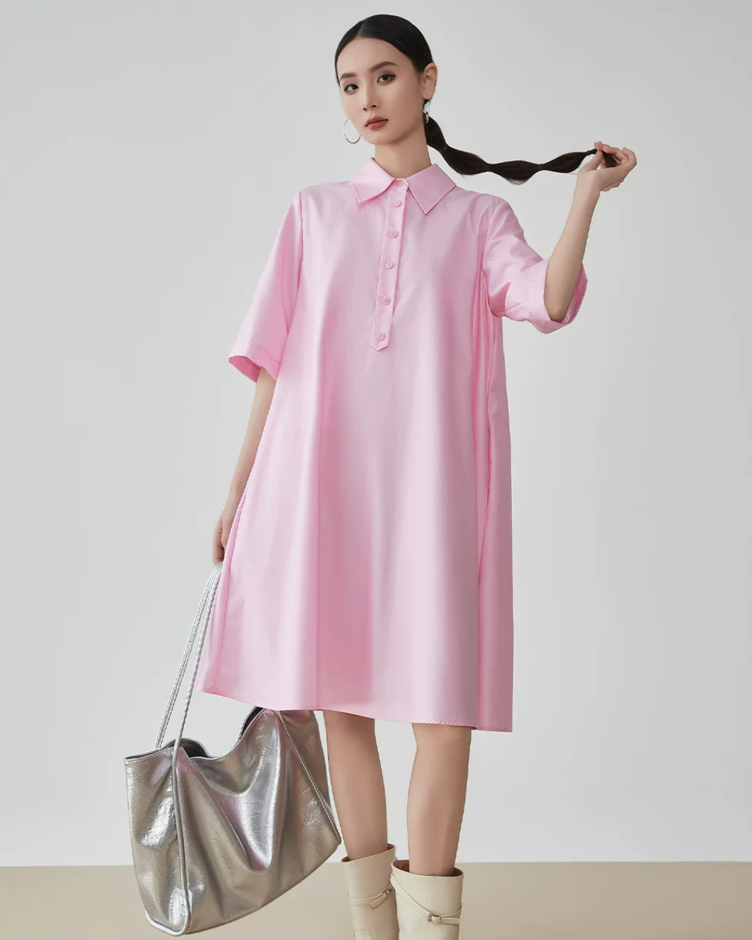 Pink Short-Sleeve Shirt Dress FER0175
