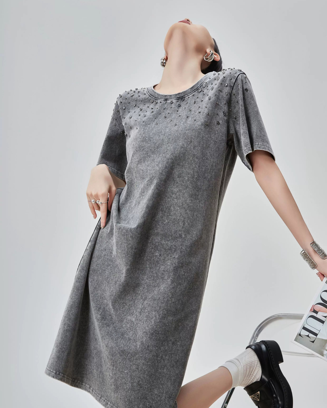 Chemical Wash Studs T-Shirt Dress FER0197