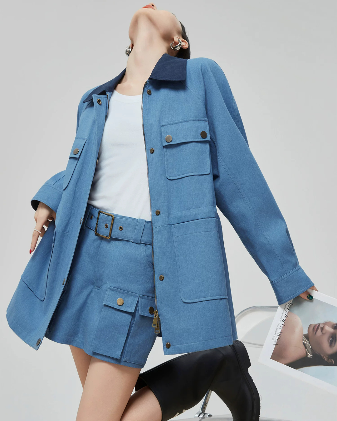 Blue Turn Collar Jacket / Work Skirt FER0376