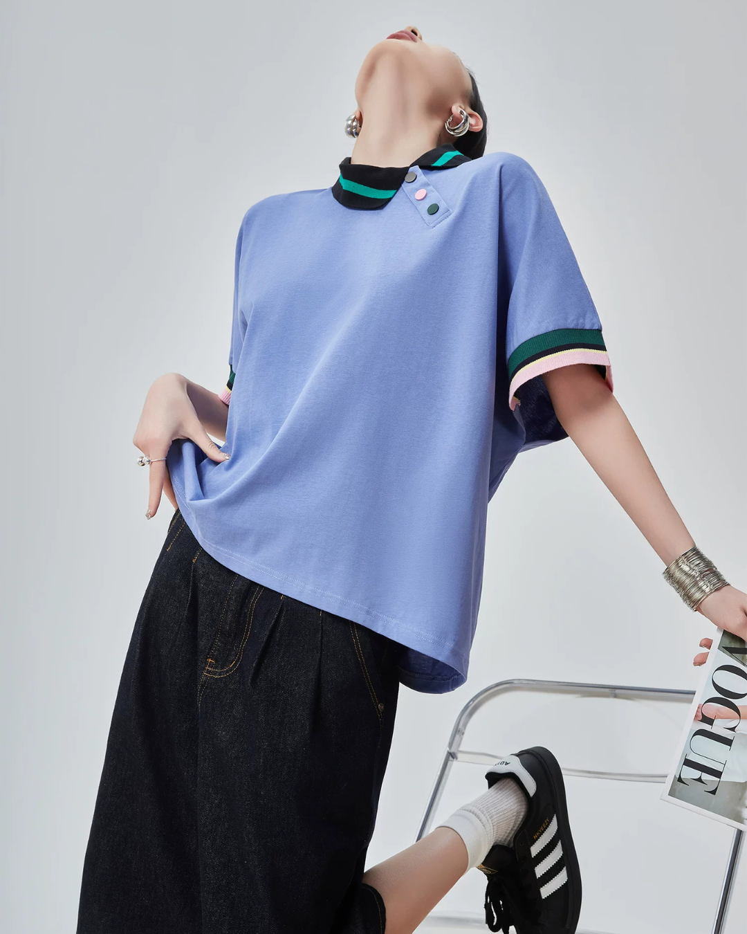 Color-Block Rib Asymmetric Neck T-shirt FER0245