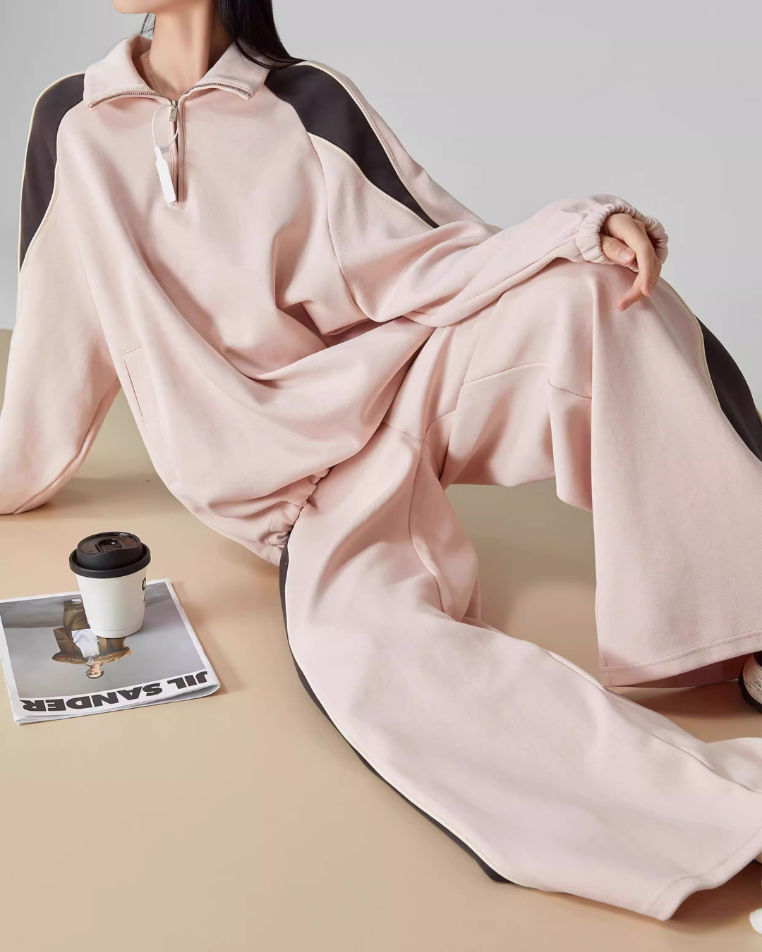 Pink Stand-Collar Sweatshirt / Loose Sweatpants FER0061