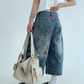Heart Embroidery Design Wide Denim Pants YLS0851