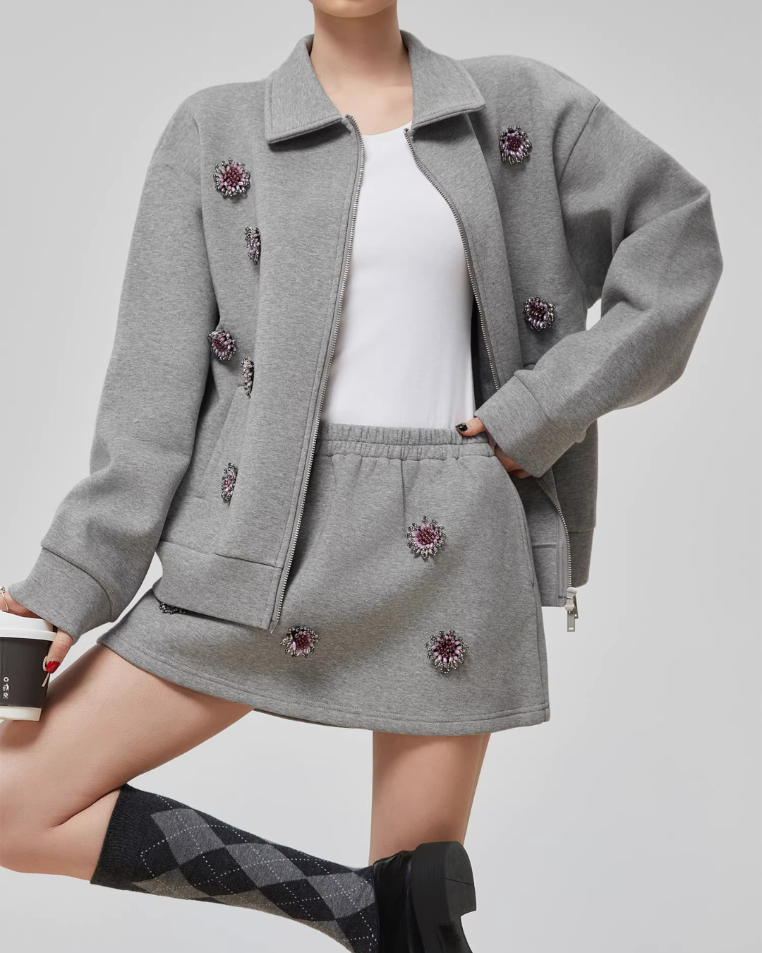 Gray Rhinestone Long-Sleeve Jacket / High-Waist Skirt FER0065