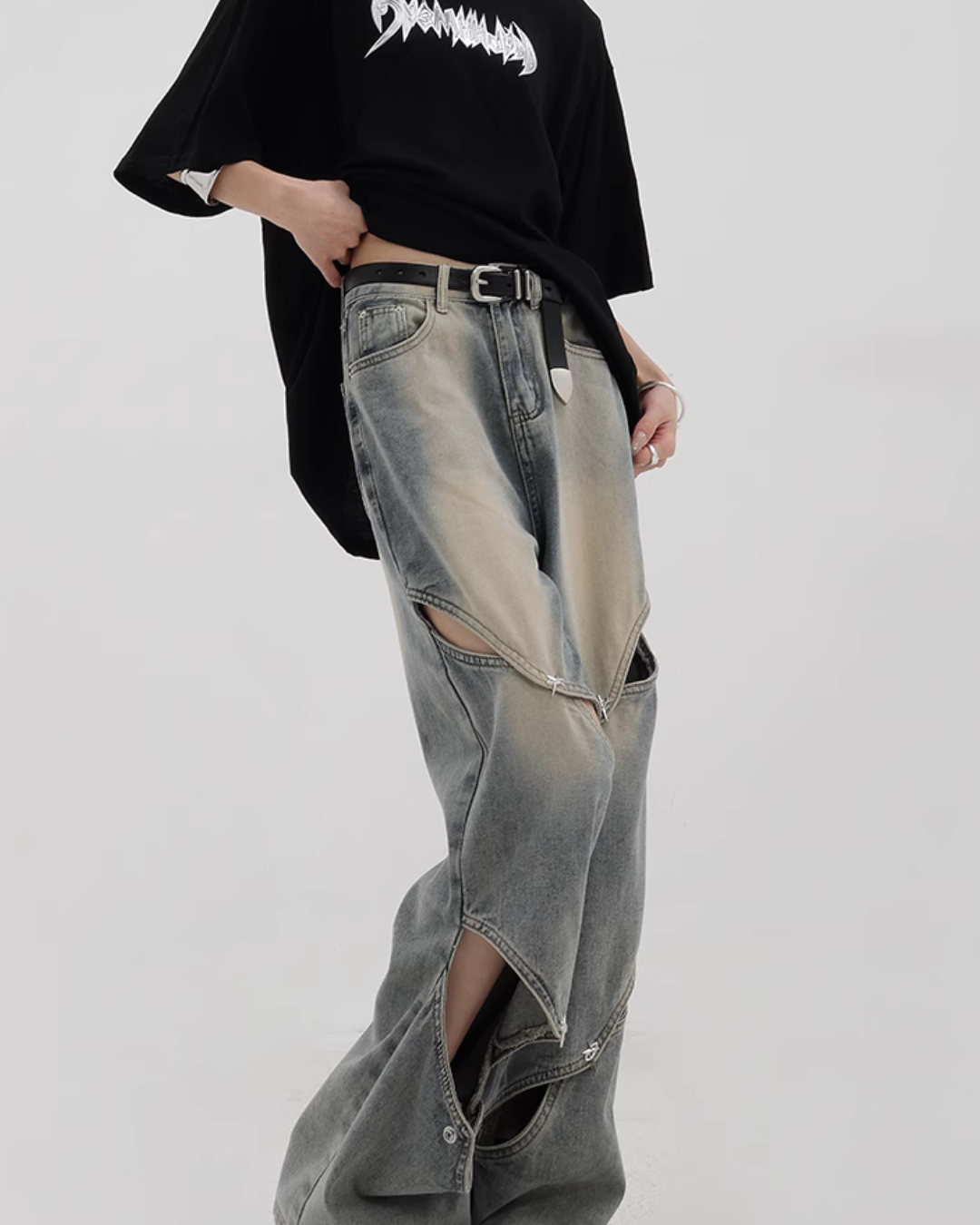 Open Leg Design Denim Pants KNH0004