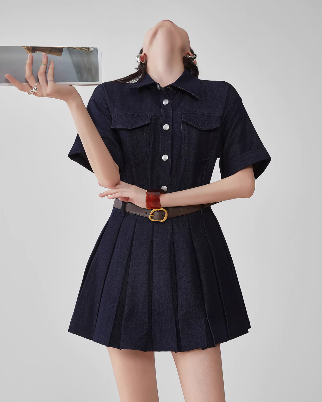Ruffle Polo Collar Denim Dress FER0105