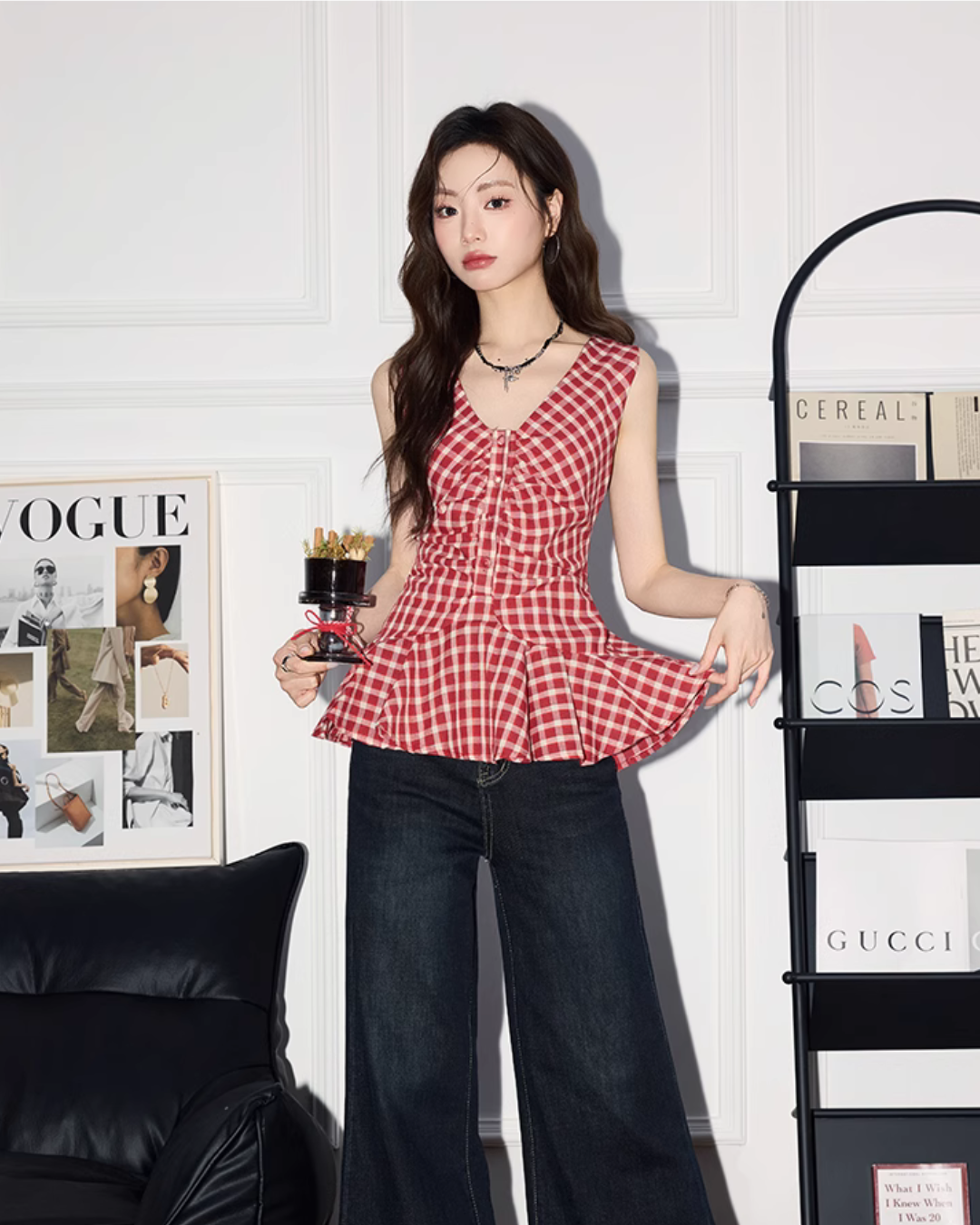 Gingham Check Sleeveless Blouse MNX0005