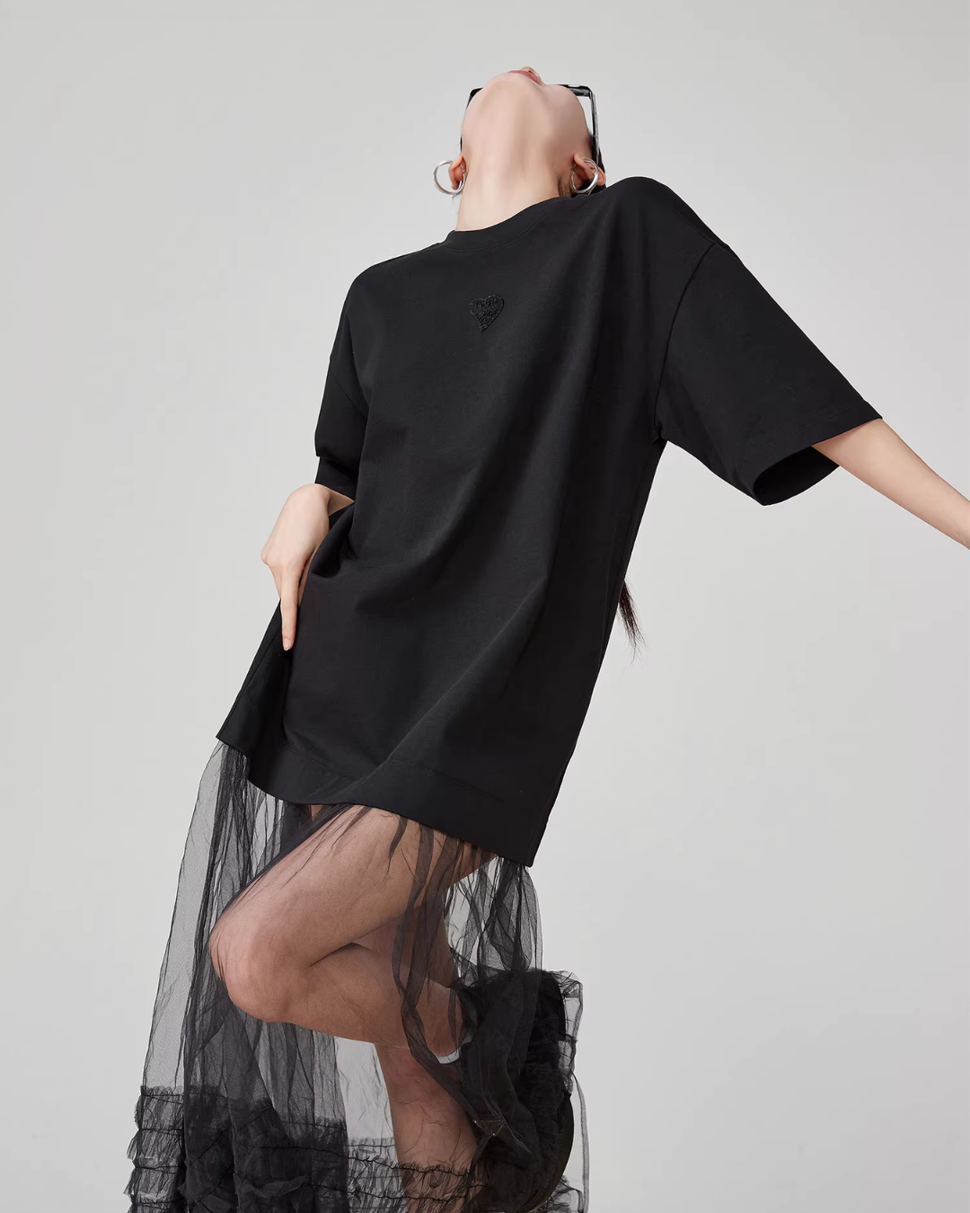Black Patchwork Mesh T-Shirt Dress FER0055