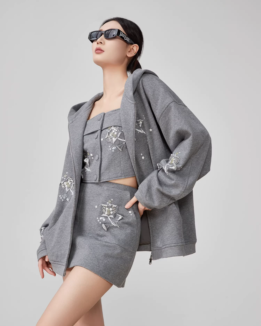 Flower Handmade Zip-Up Hoodie / Camisole / Mini Skirt FER0052