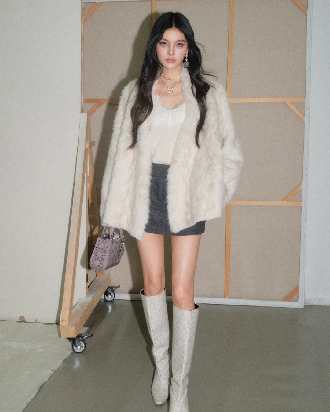 Collarless Fur Coat/Mini Skirt OLD0003