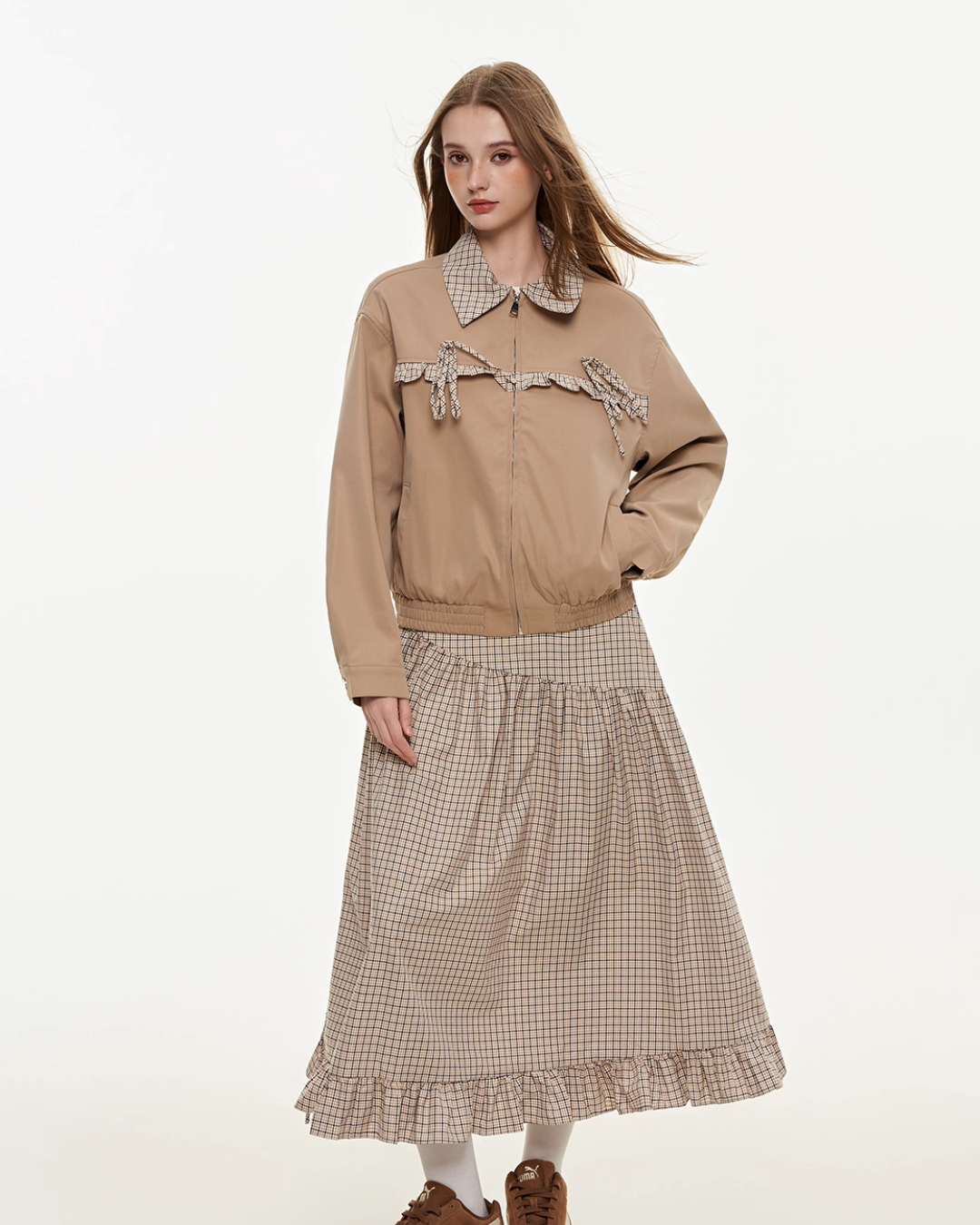 Retro Check Patchwork Jacket / A-Line Skirt MDB0011