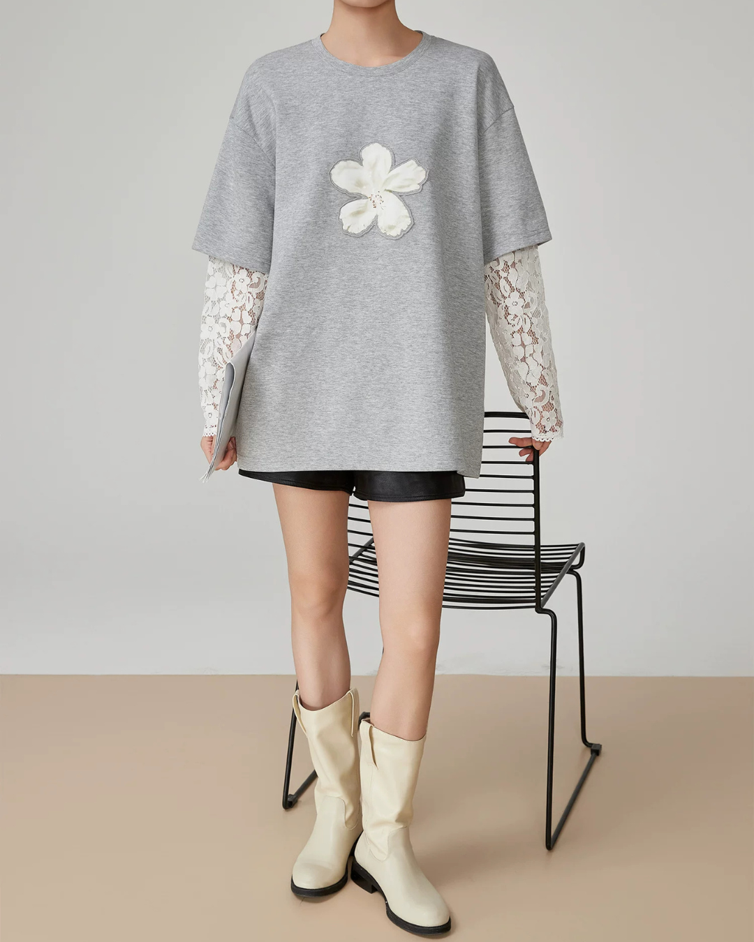Lace Sleeve Layered Style T-Shirt FER0149
