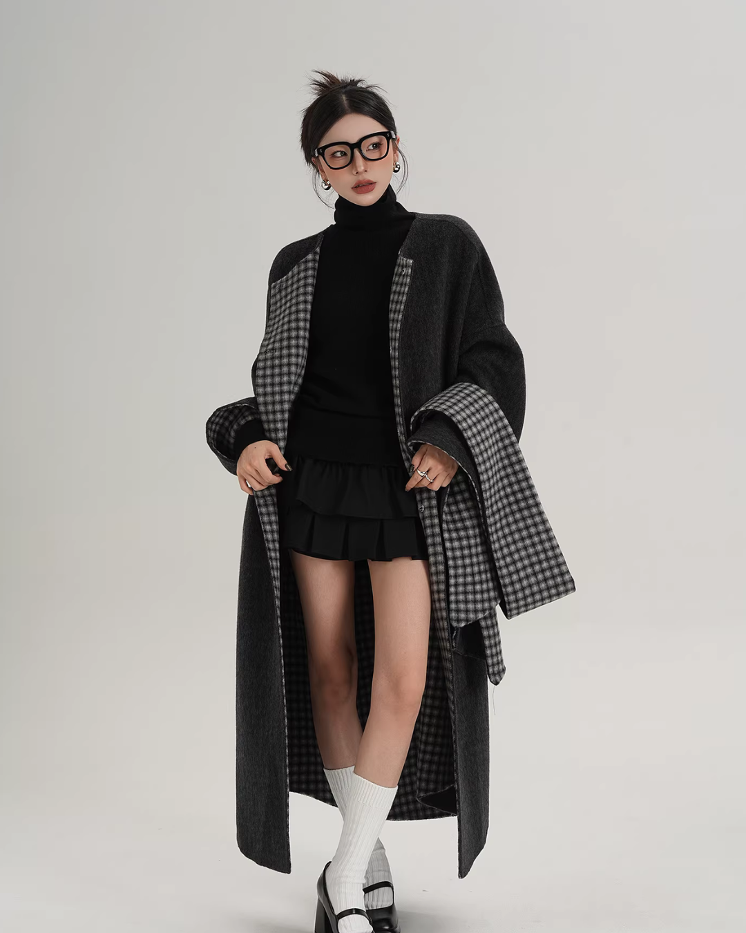 Collarless Coat with Checkered Scarf SRS0405
