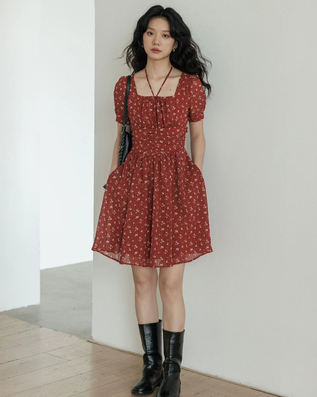 Square Neck Flower Mini Dress VAS0195