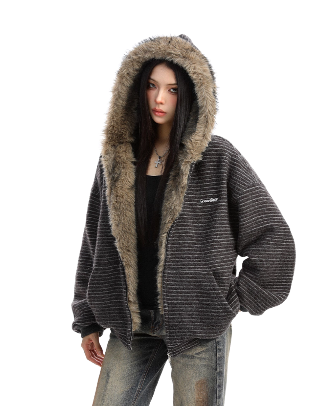 Inner Fur Thin Stripe Zip Hoodie BGS0032