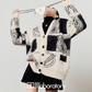 V-Neck Color Block Cardigan / Pleated Skirt / Black Layer Top LLA0581
