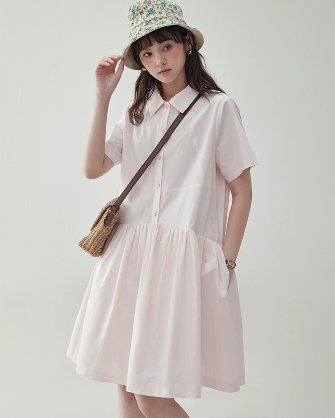 Relaxed Gathered Waist Cotton Dress AMU0027