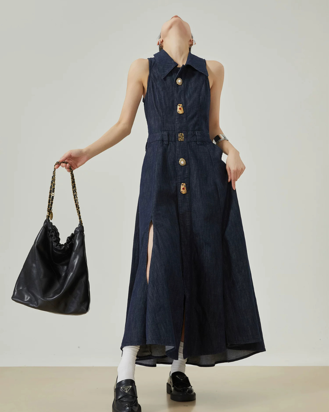 Gold Button Denim Sleeveless Dress FER0132