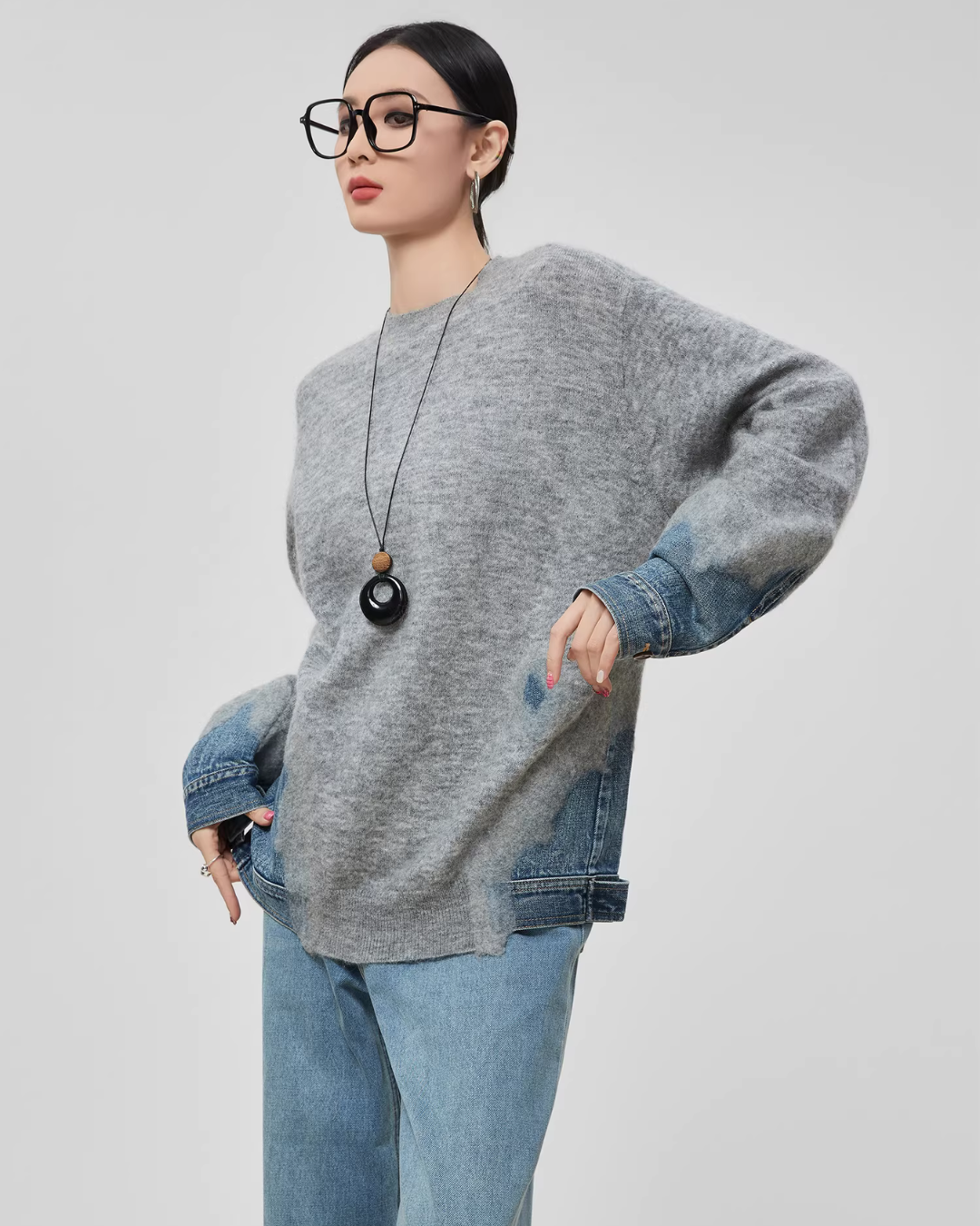 Denim Patchwork Crew Neck Top FER0056