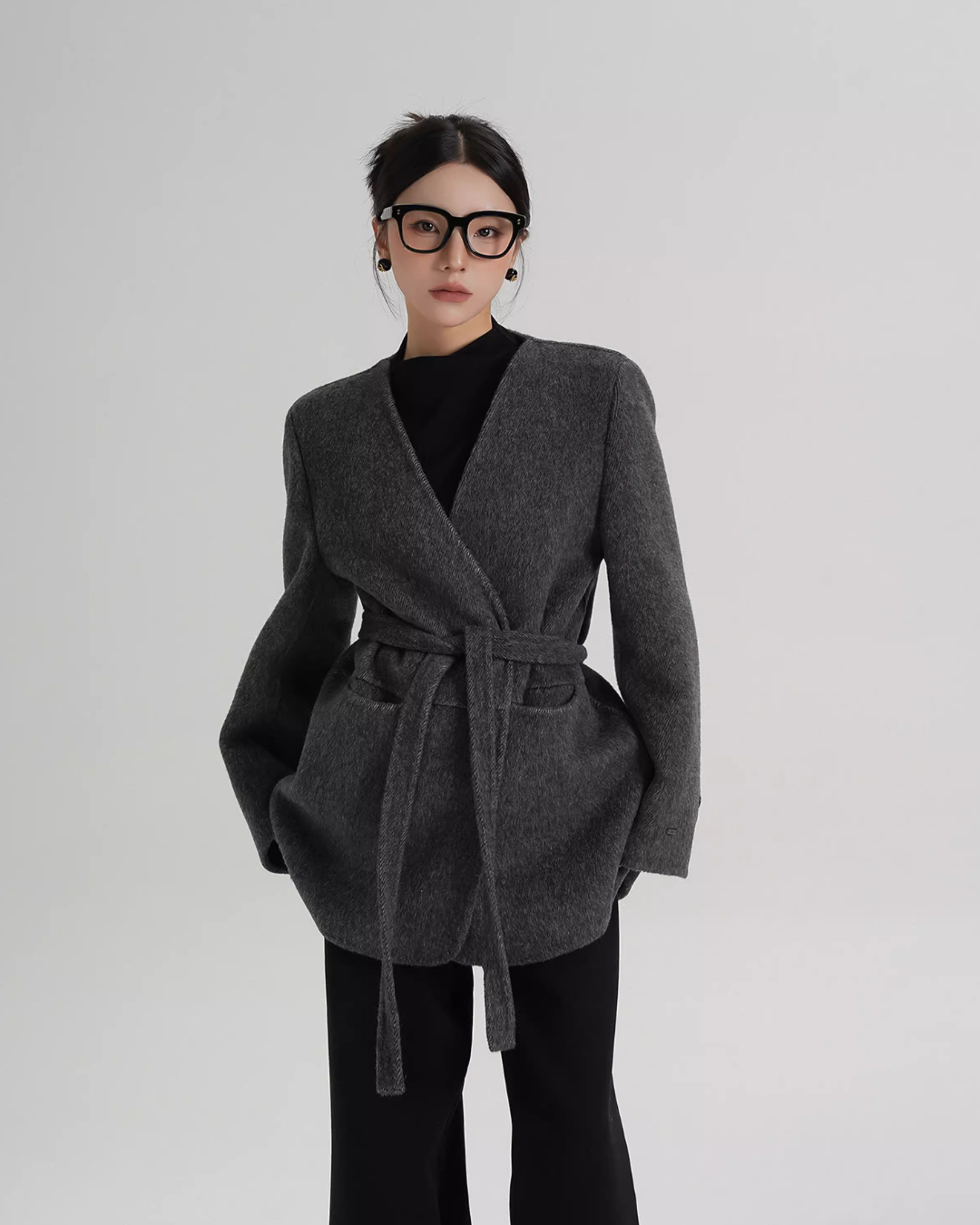 Collarless Wool Coat with Choker SRS0393
