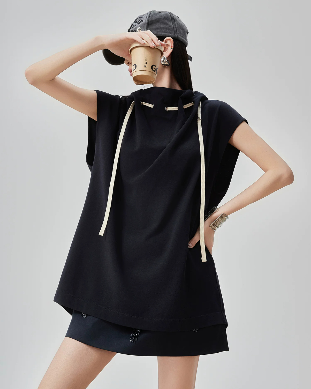 High-Neck Drawstring French Sleeve Top FER0222