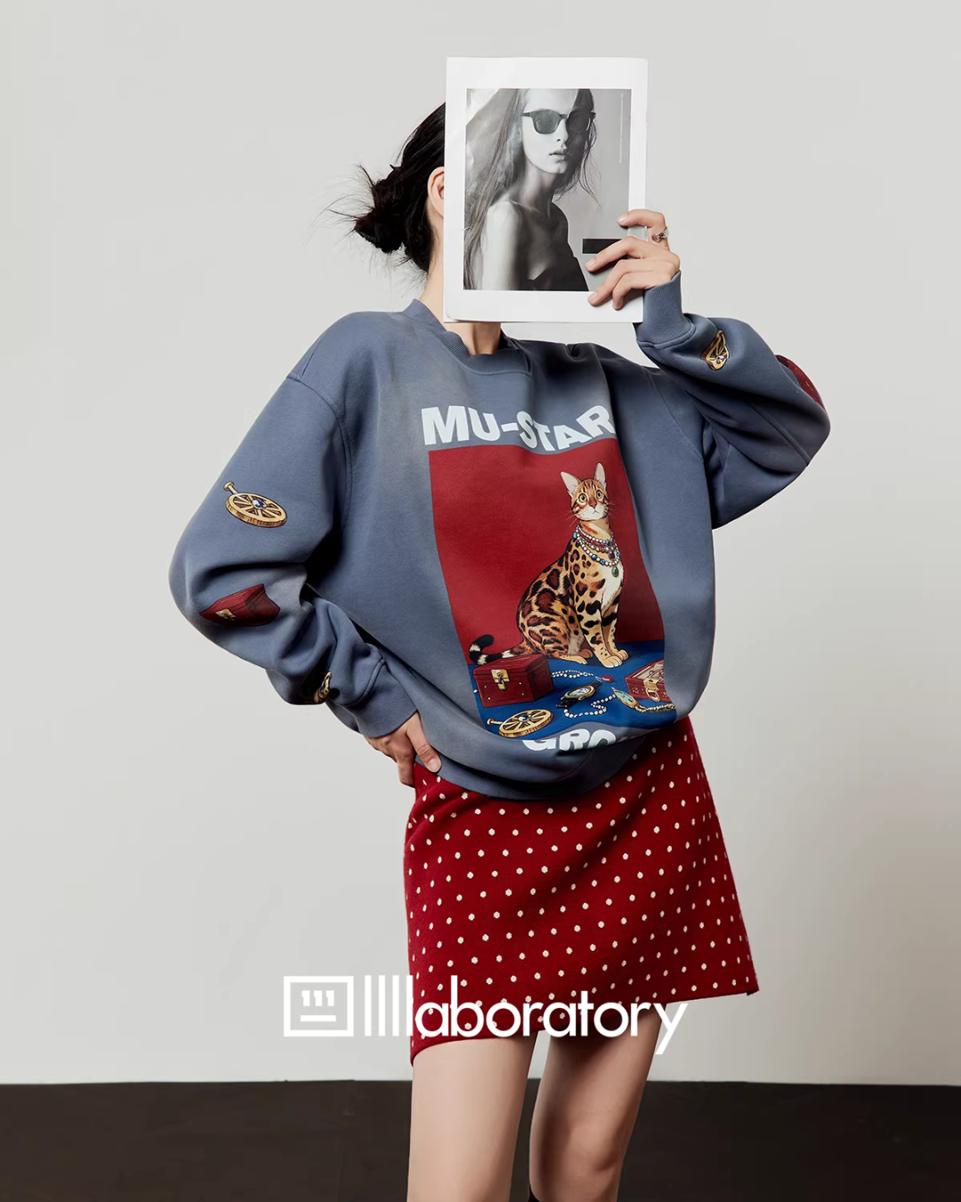 Cat Print Retro Sweatshirt/Retro Polka Dot Skirt LLA0607