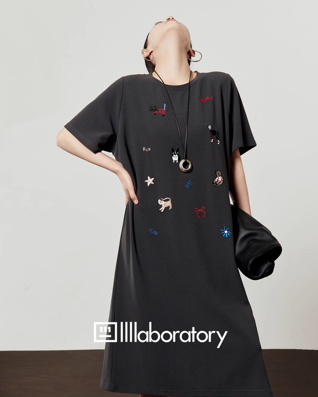 Dark Gray Animal Embroidery Dress LLA0487