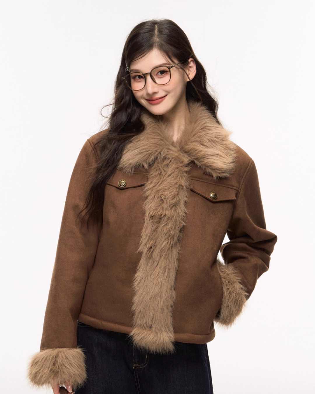 Brown Suede Jacket/Wide Denim Pants ELS0008