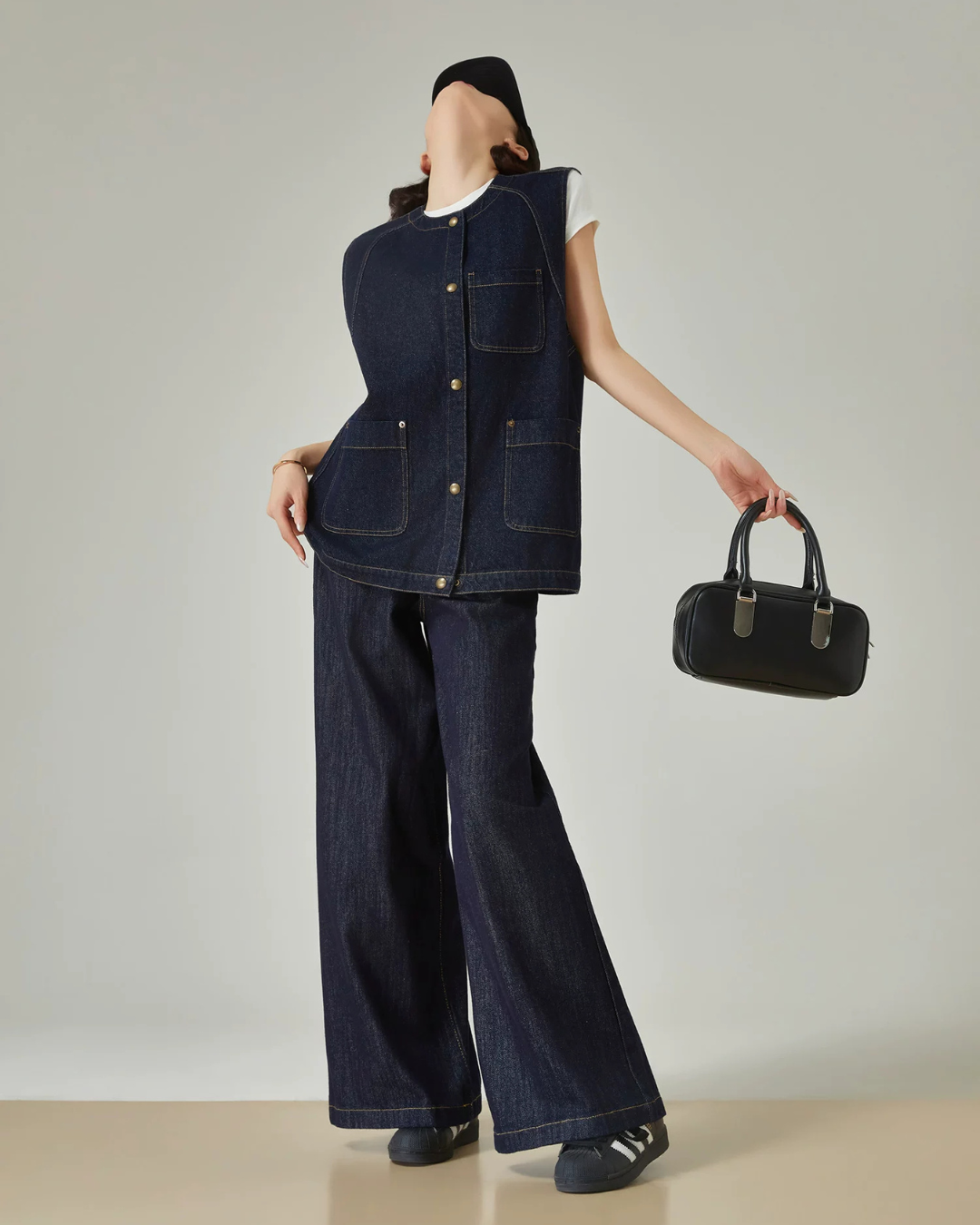 Collarless Denim Vest / Denim Wide Pants FER0144