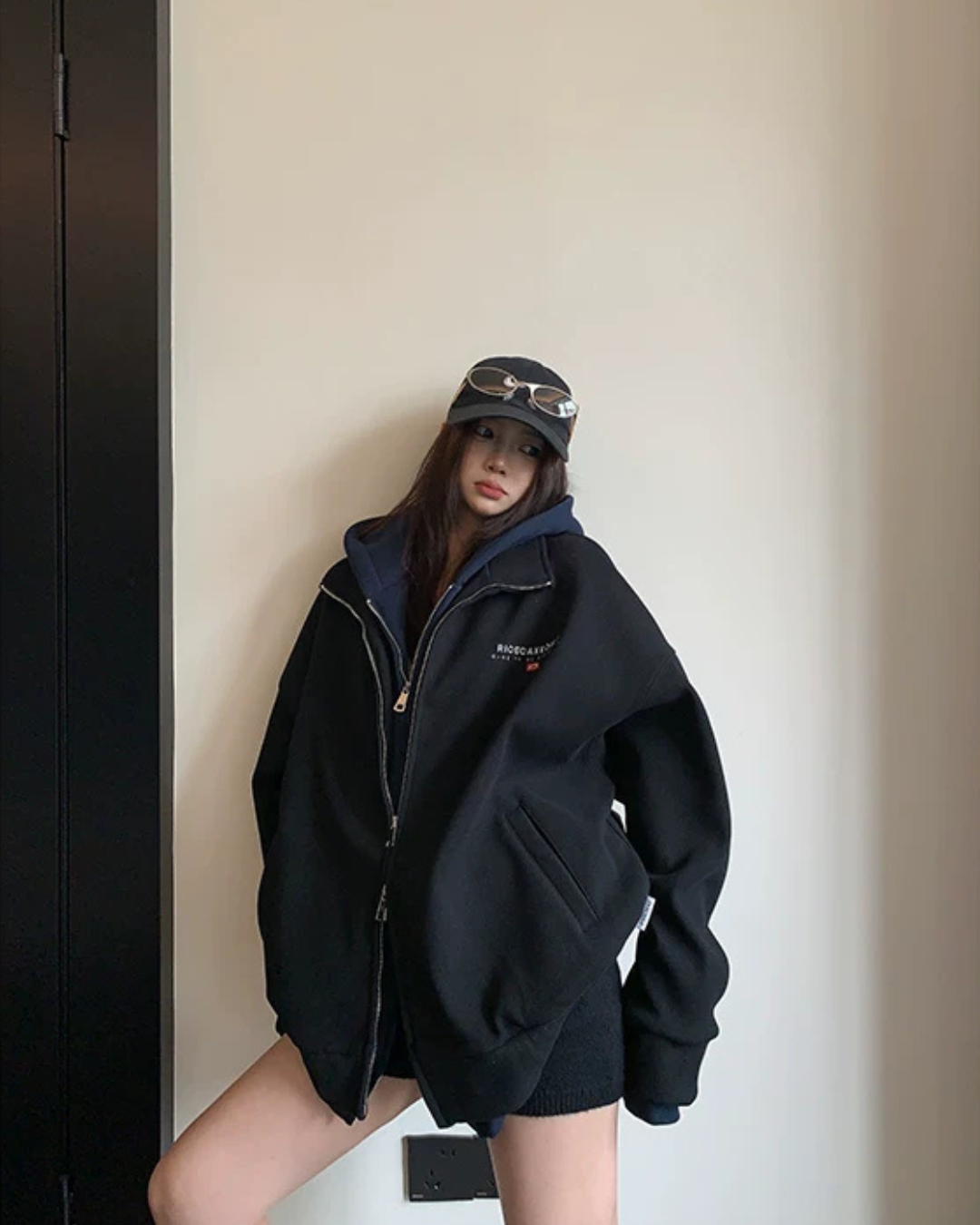 Labeled Button Double Zip Hoodie YLS1076