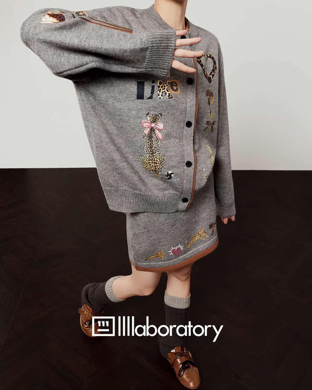 Leopard Print Gray Knit / Knit Mini Skirt LLA0638