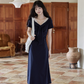 V-neck Navy Blue Dress SMS0025