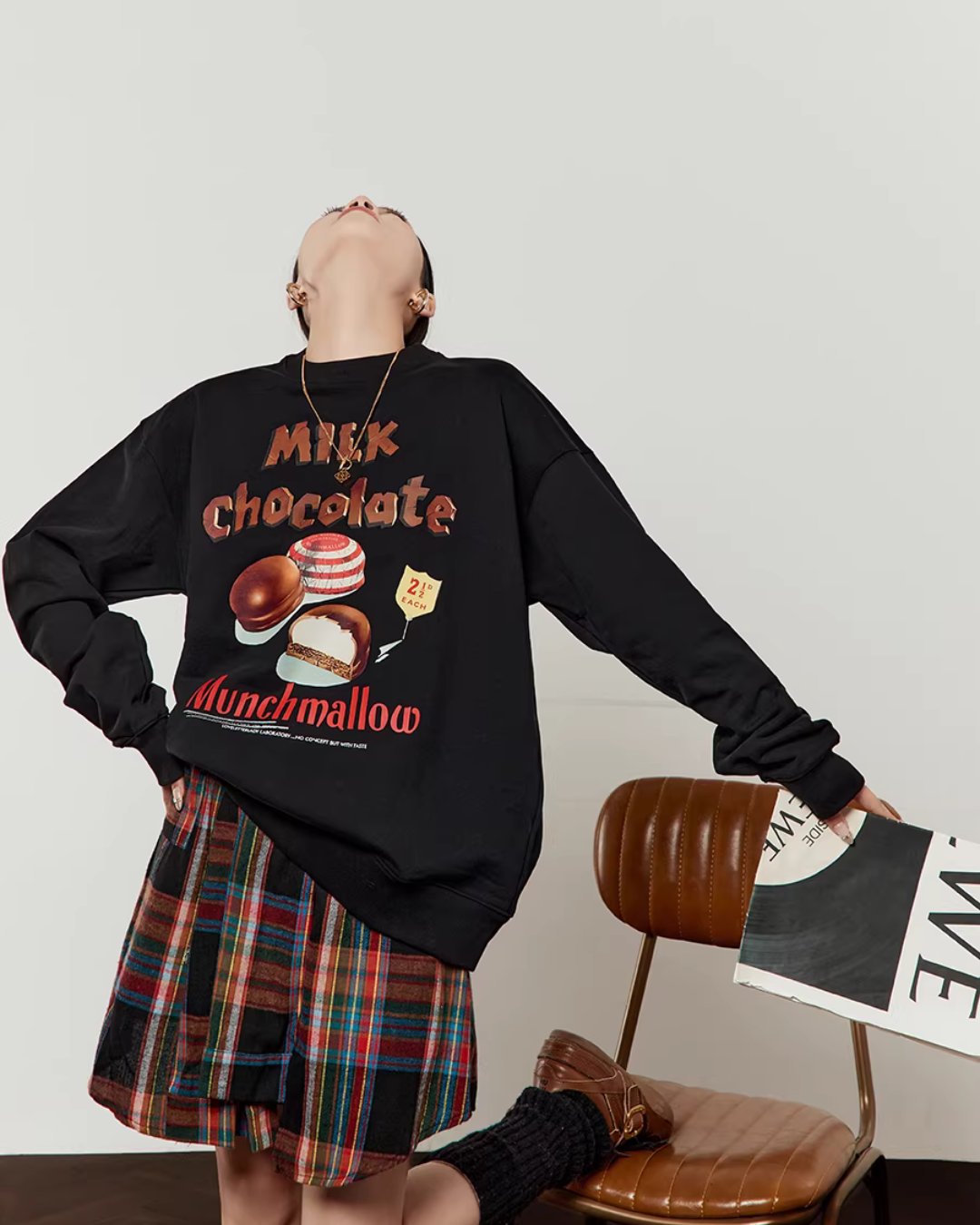 Chocolate Print Sweatshirt / Checkered Skirt LLA0641